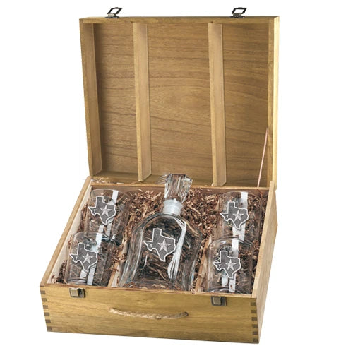 "Texas" Decanter + Double Old Fashioned Whiskey Glass Set with Wooden Box - Texas Time Gifts and Fine Art