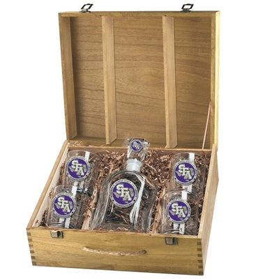 "Stephen F. Austin State University" Decanter + Double Old Fashioned Whiskey Glass Set with Wooden Chest - Texas Time Gifts and Fine Art 220829