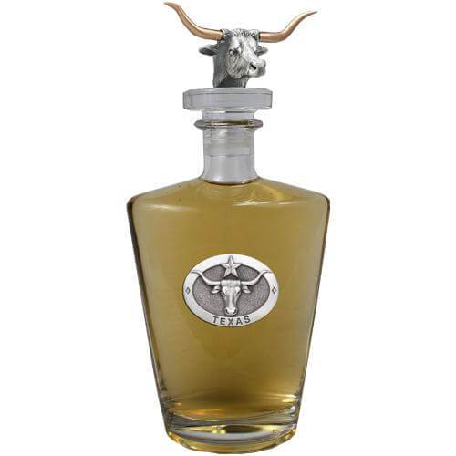 "Texas Longhorn" 25 Oz Royal Decanter with 3D Longhorn Bull Top - Fine Glassware Collection - Texas Time Gifts and Fine Art