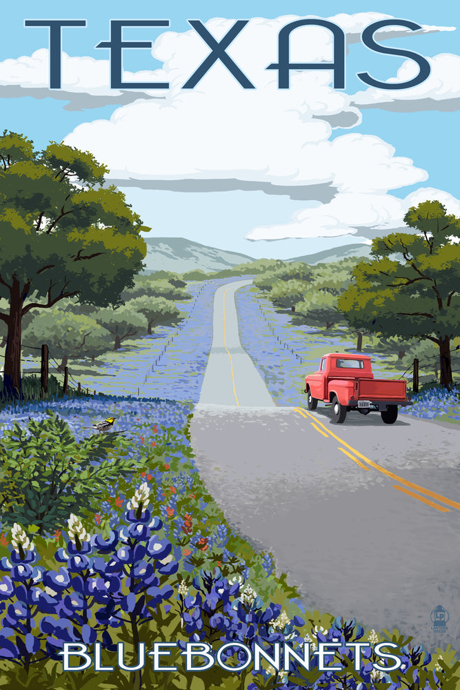 "Texas—Bluebonnets and Red Truck" Giclée Art Print - Texas Time Gifts and Fine Art