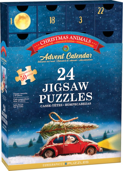 "Christmas Animals" 24 Advent Jigsaw Puzzles (Drawer-Style Box Set) - Texas Time Gifts and Fine Art