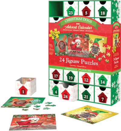 "Christmas Dogs" 24 Advent Jigsaw Puzzles (Drawer-Style Box Set) - Texas Time Gifts and Fine Art