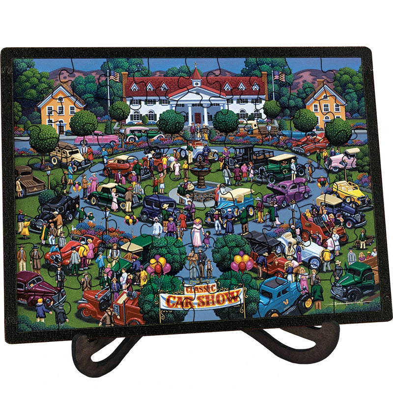 "Classic Car Show" Picture Perfect Framed Wooden Jigsaw Puzzle with Easel (Desk Decor) - Texas Time Gifts and Fine Art