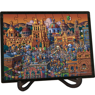 "Day of the Dead" (Mexico City) Picture Perfect Framed Wooden Jigsaw Puzzle with Easel (Desk Decor) - Texas Time Gifts and Fine Art