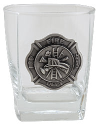 "Fire Dept" 25 Oz Glass Decanter with Pewter Badge and Set of 4 Rocks Glasses - Texas Time Gifts and Fine Art 220828