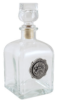 "Fire Dept" 25 Oz Glass Decanter with Pewter Badge and Set of 4 Rocks Glasses - Texas Time Gifts and Fine Art 220828