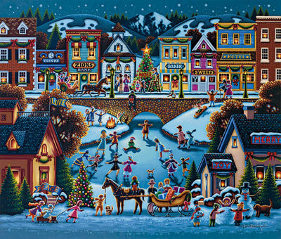 "Hometown Christmas" Picture Perfect Framed Wooden Jigsaw Puzzle with Easel (Desk Decor) - Texas Time Gifts and Fine Art 