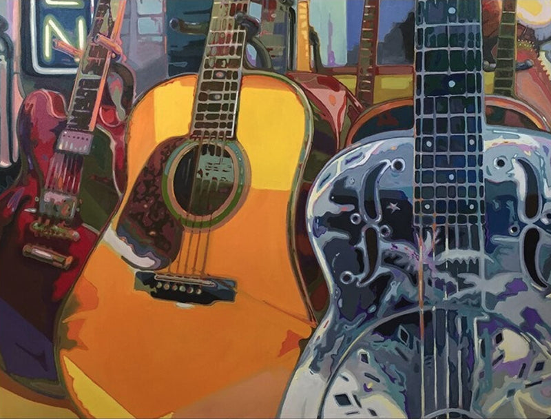 "Pawn Shop" (Guitars) Premium Wooden Jigsaw Puzzle—Postcard-Size - Texas Time Gifts and Fine Art