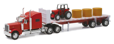 Peterbilt 389 with Flatbed Hauling Hay and a Farm Tractor Die-cast Collectible - Texas Time Gifts and Fine Art
