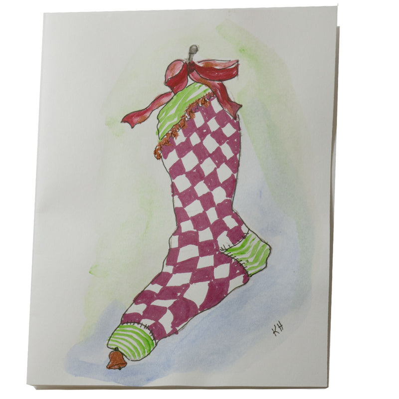 "Red-Checked Christmas Stocking" Hand-Painted Christmas Card  - Texas Time Gifts and Fine Art