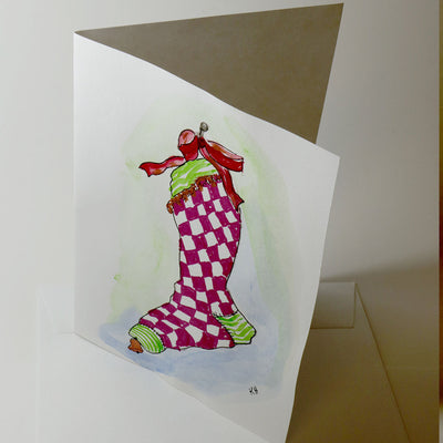 "Red-Checked Christmas Stocking" Hand-Painted Christmas Card  - Texas Time Gifts and Fine Art