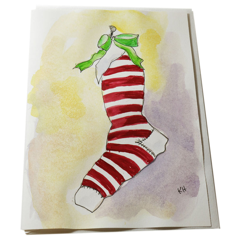 "Red-Striped Christmas Stocking" Hand-Painted Christmas Card - Texas Time Gifts and Fine Art