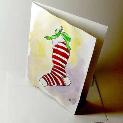 "Red-Striped Christmas Stocking" Hand-Painted Christmas Card - Texas Time Gifts and Fine Art