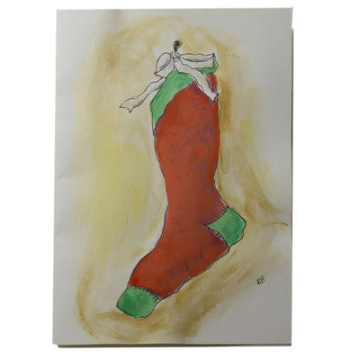"Red Christmas Stocking" Hand-Painted Christmas Card - Texas Time Gifts and Fine Art