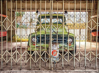 "Route 66: Old Truck Behind Bars" Premium Wooden Jigsaw Puzzle—Postcard-Size - Texas Time Gifts and Fine Art
