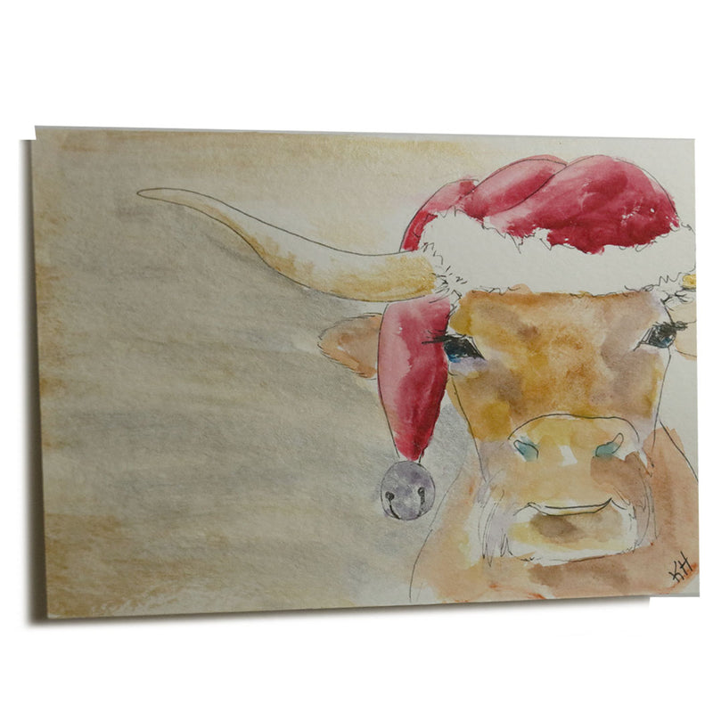 "Santa Longhorn" Hand-Painted Christmas Card - Texas Time Gifts and Fine Art
