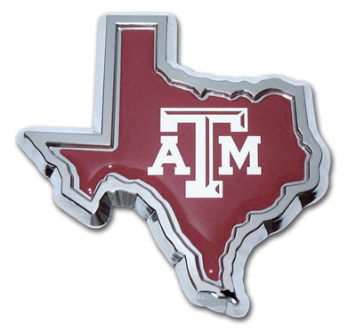 "Texas A&M University" Texas-Shaped Chrome Car Emblem - Texas Time Gifts and Fine Art