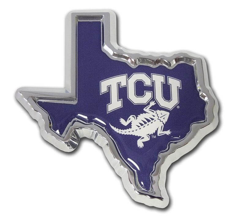 "TCU" Texas-Shaped Chrome Car Emblem - Texas Time Gifts and Fine Art