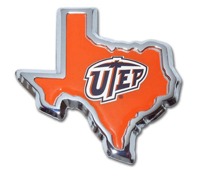 UTEP" Texas-Shaped Chrome Car Emblem - Texas Time Gifts and Fine Art