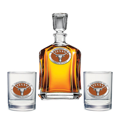"University of Texas" Decanter + Double Old Fashioned Whiskey Glass Set with Chest - Texas Time Gifts and Fine Art
