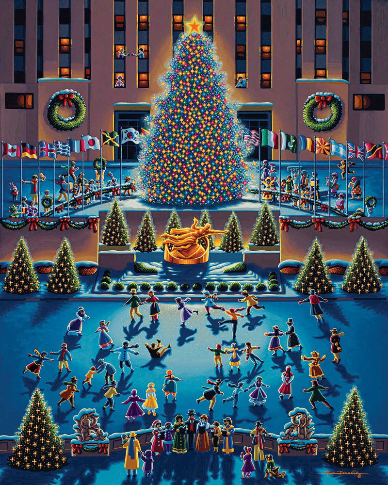 "Winter Fun" (Rockefeller Center Christmas Tree) Picture Perfect Framed Wooden Jigsaw Puzzle with Easel (Desk Decor) - Texas Time Gifts and Fine Art