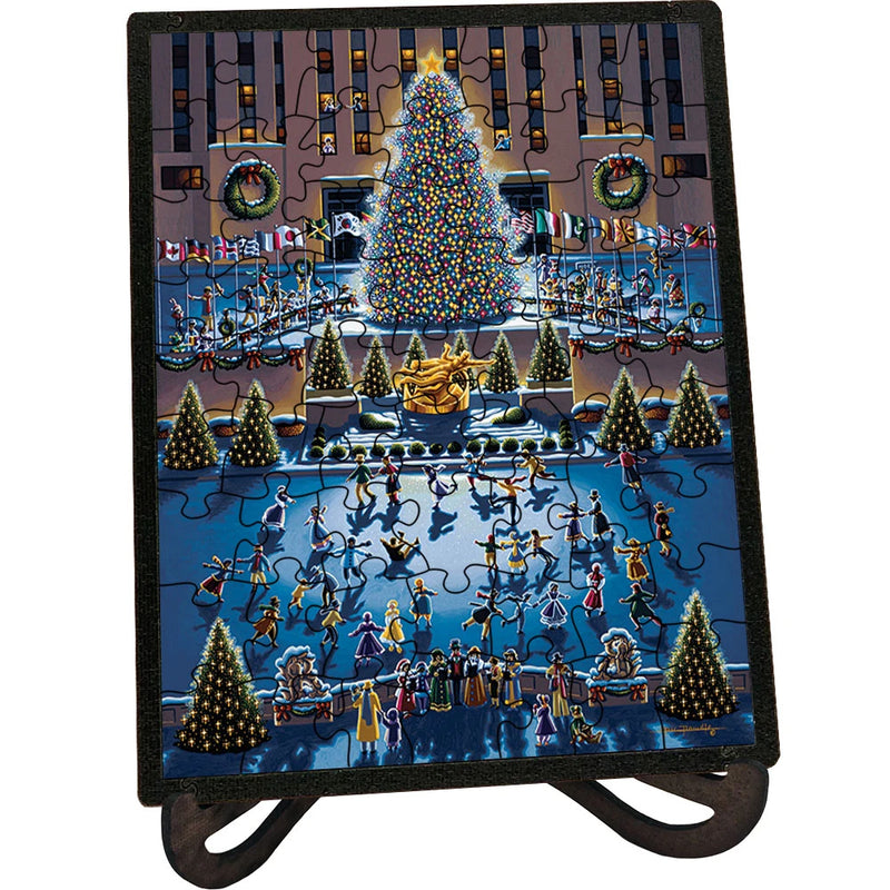 "Winter Fun" (Rockefeller Center Christmas Tree) Picture Perfect Framed Wooden Jigsaw Puzzle with Easel (Desk Decor) - Texas Time Gifts and Fine Art
